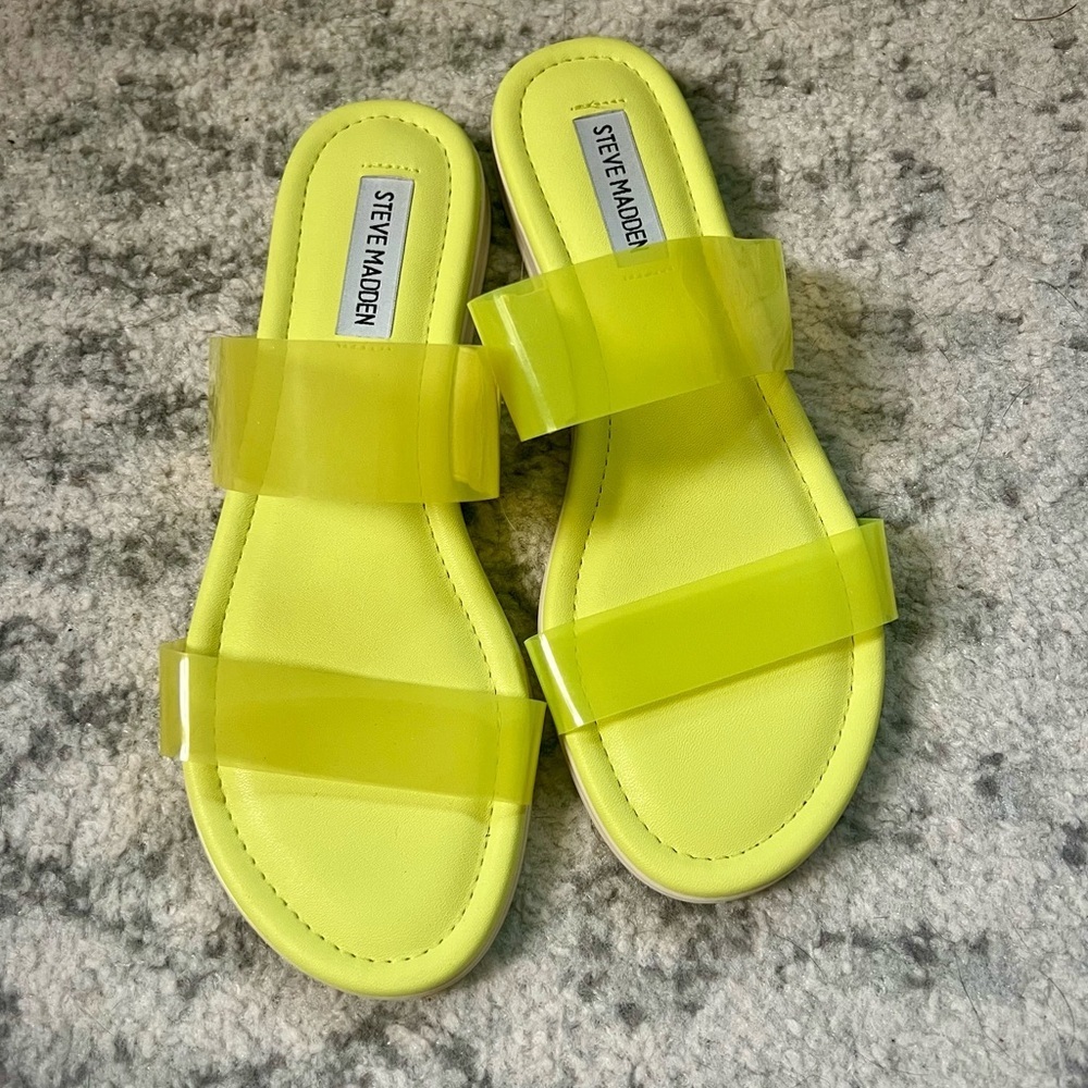 Steve Madden Greer Double Strap Sandals Green Yellow Slides - Picture 2 of 15